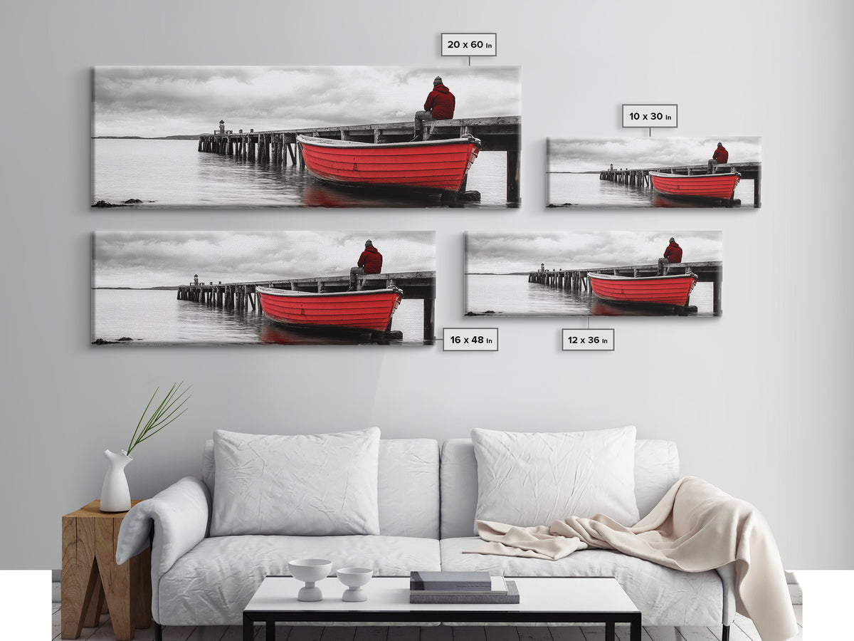 Red Boat Dock, Lonely Harbor View, Seaside Silence, Framed Canvas Print, Nautical Wall Art, Beach House Decor, Moody Coastal Vibes