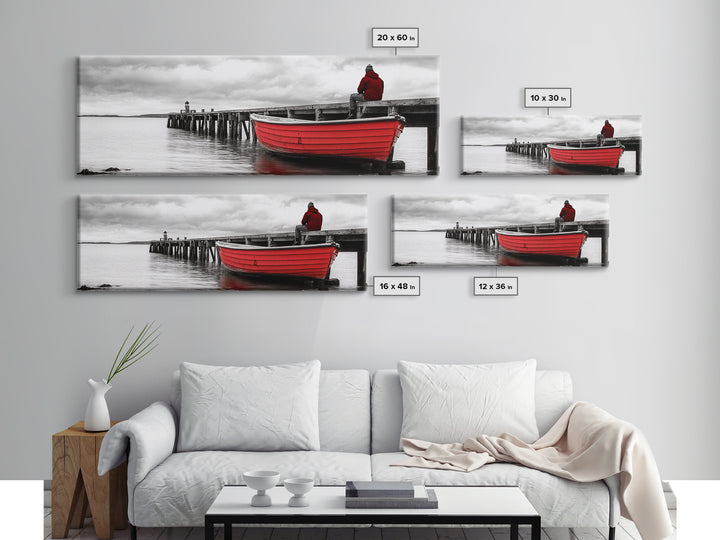 Red Boat Dock, Lonely Harbor View, Seaside Silence, Framed Canvas Print, Nautical Wall Art, Beach House Decor, Moody Coastal Vibes