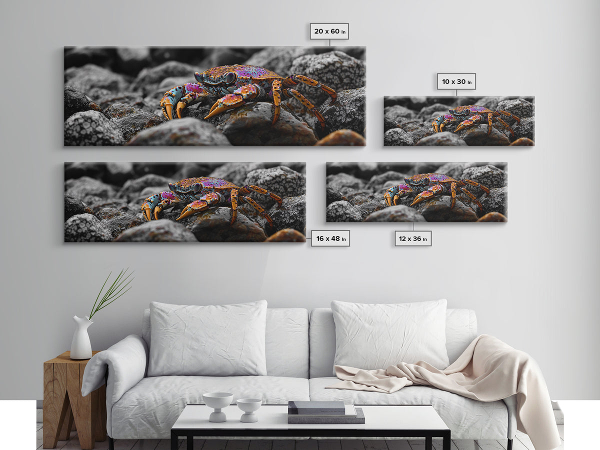 Rainbow Crab, Coastal Creature, Ocean Life, Vibrant Nature, Framed Canvas Print, Bathroom Wall Art, Coastal Home Decor