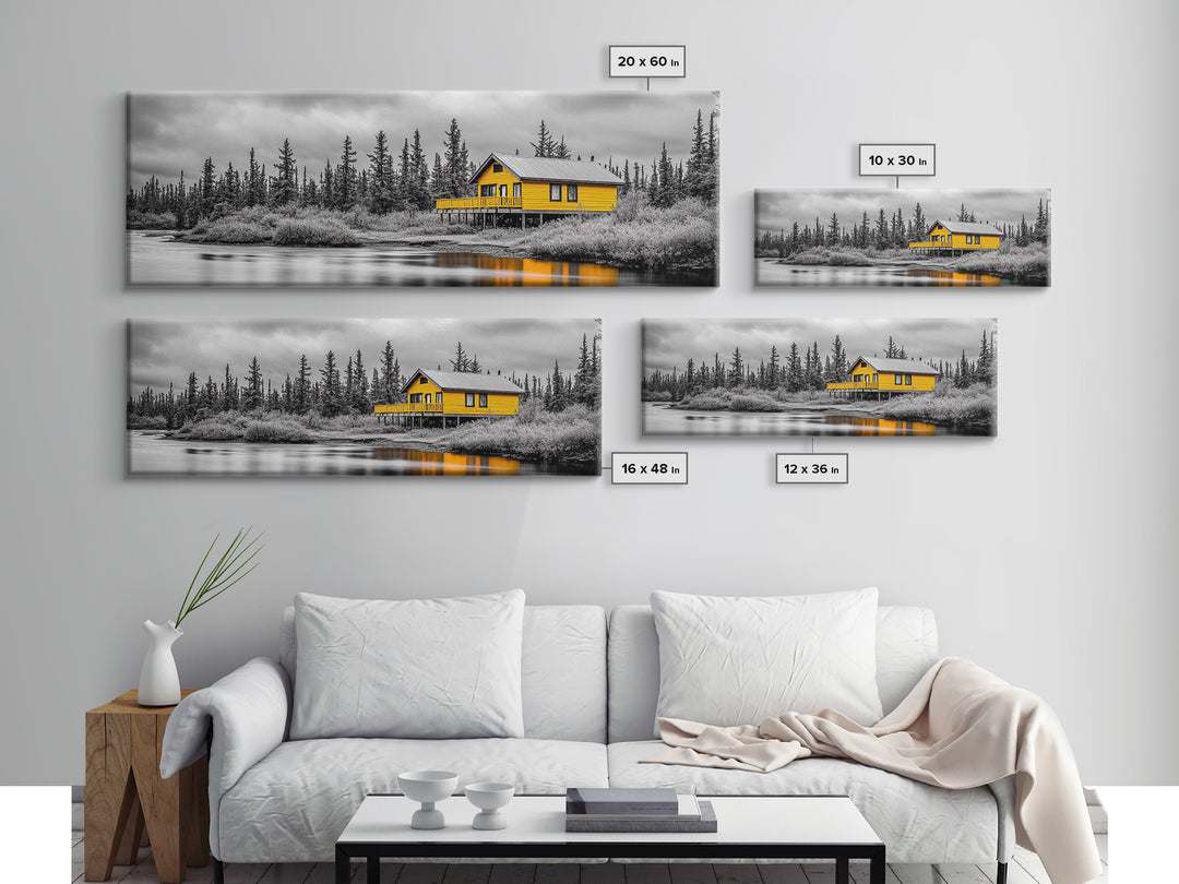 Yellow Cabin, Forest River View, Wilderness Retreat, Framed Canvas Print, Rustic Wall Art, Lodge Decor, Cozy Nature Landscape Style