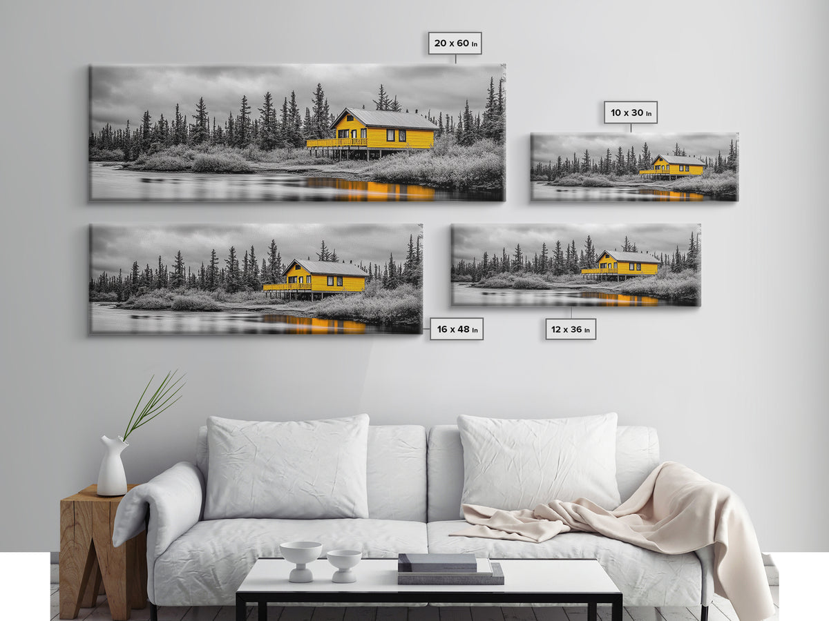 Yellow Cabin, Forest River View, Wilderness Retreat, Framed Canvas Print, Rustic Wall Art, Lodge Decor, Cozy Nature Landscape Style