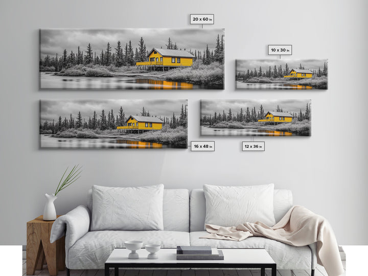 Yellow Cabin, Forest River View, Wilderness Retreat, Framed Canvas Print, Rustic Wall Art, Lodge Decor, Cozy Nature Landscape Style
