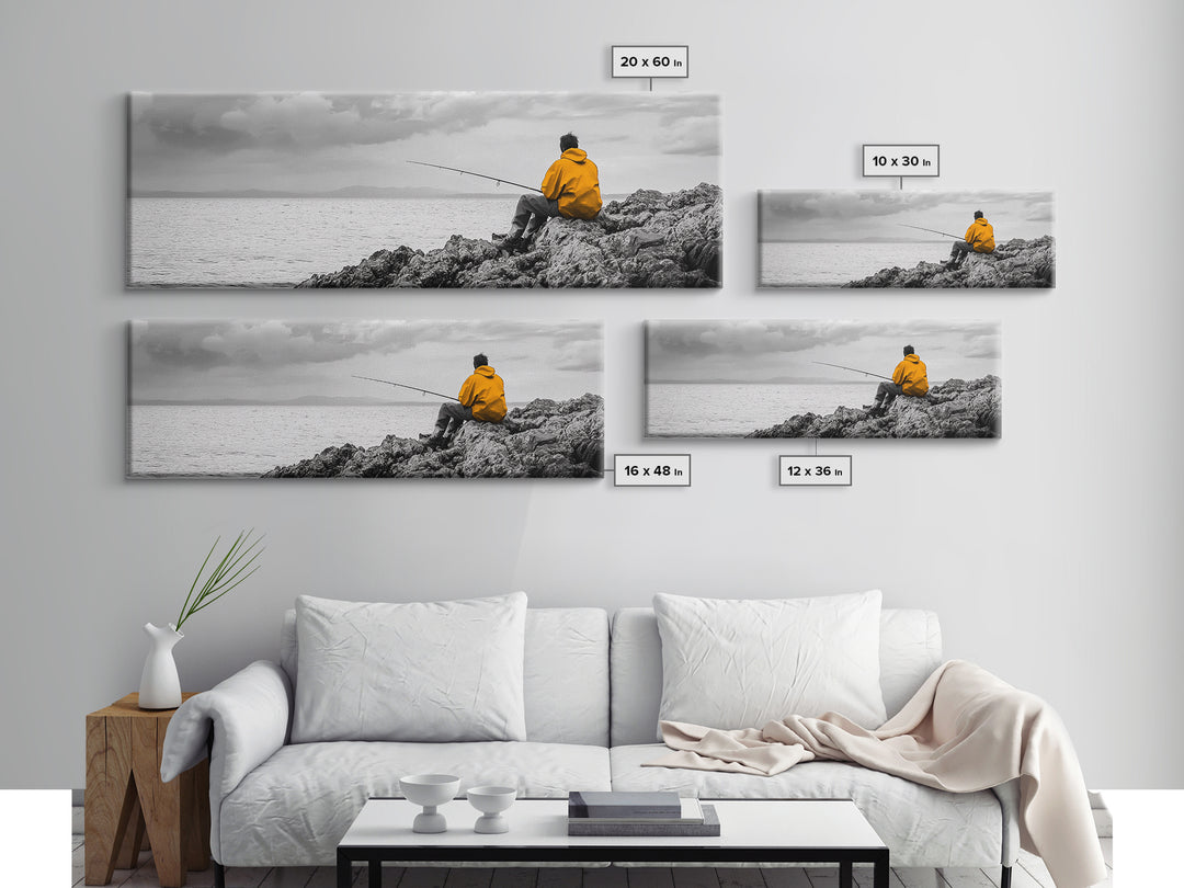Peaceful Angler View, Yellow Hoodie Fisherman, Canvas Print, Minimalist Seaside Wall Art, Coastal Living Room Art, Fishing Lover Gift