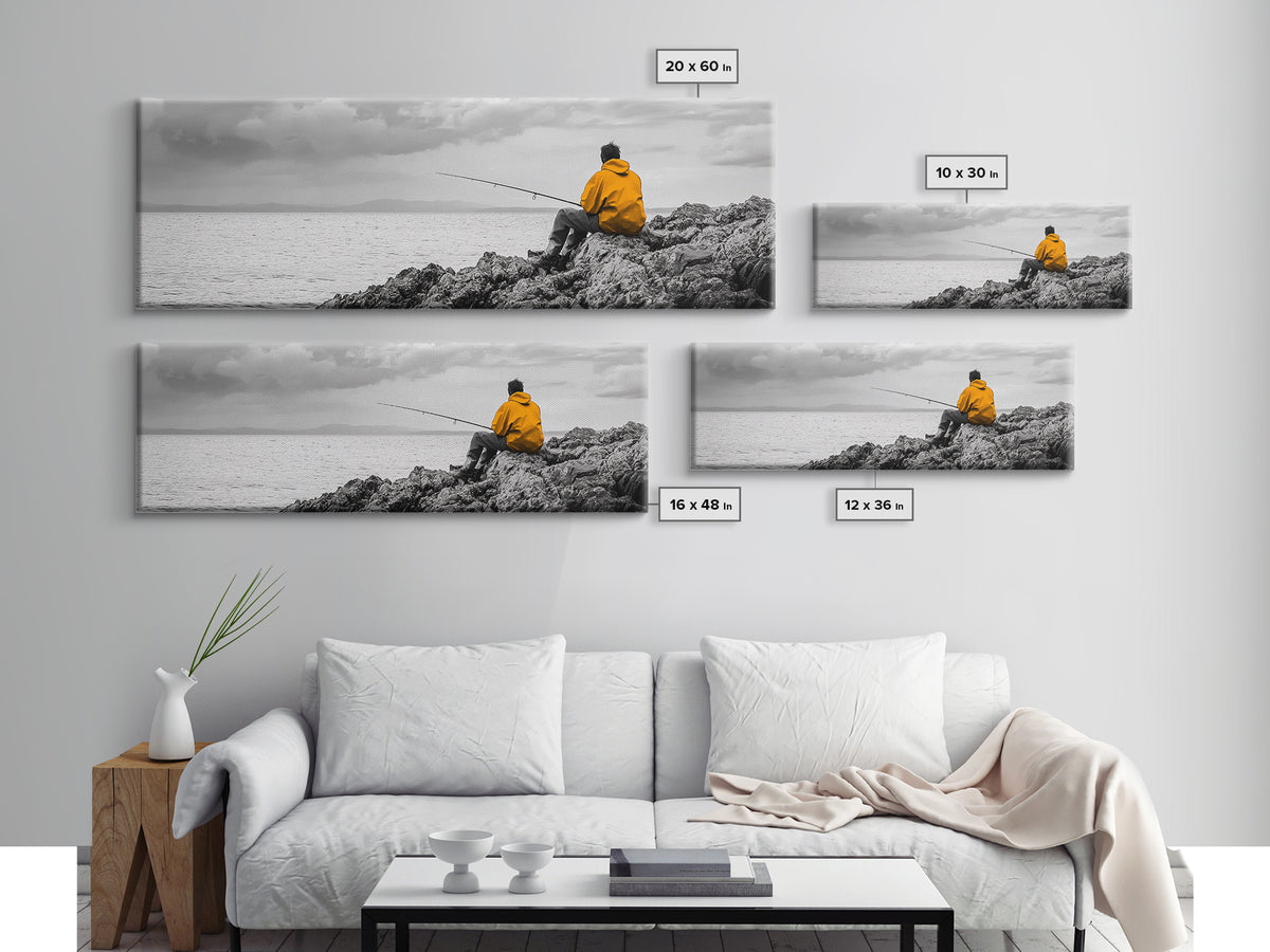 Peaceful Angler View, Yellow Hoodie Fisherman, Canvas Print, Minimalist Seaside Wall Art, Coastal Living Room Art, Fishing Lover Gift