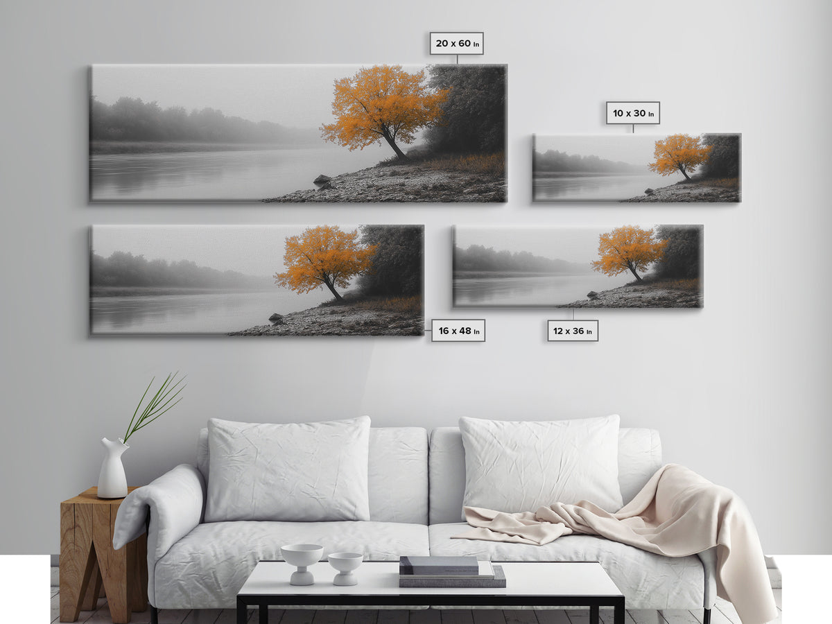 Foggy Riverbank Tree, Orange Fall Tree, Framed Canvas Print, Autumn Nature Scene, Moody Landscape Wall Art, Rustic Bedroom Decor