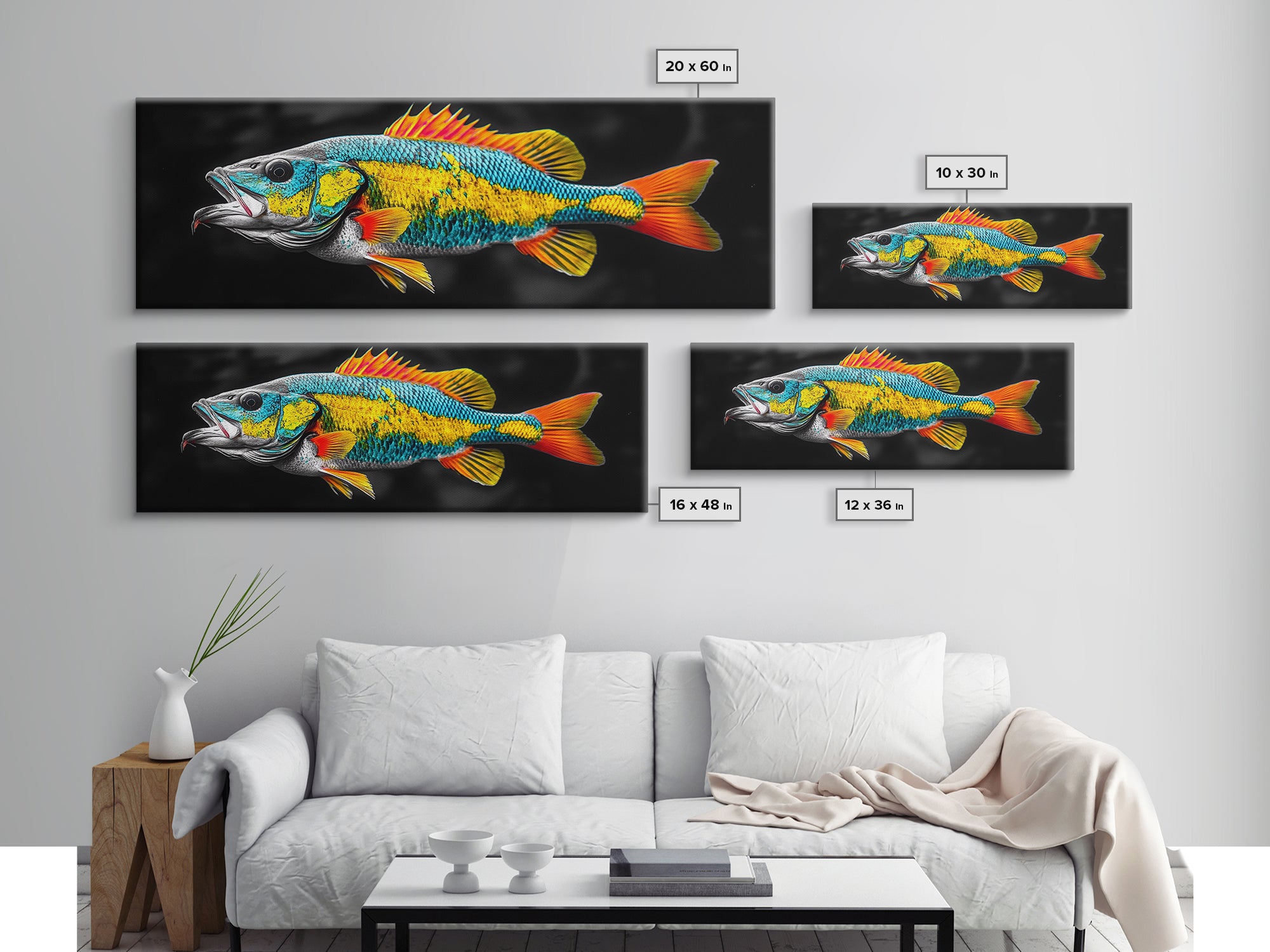 Tropical Fish, Vibrant Colors, Bold Sea Life, Black Background, Framed Canvas Print, Kitchen Wall Art, Modern Coastal Art