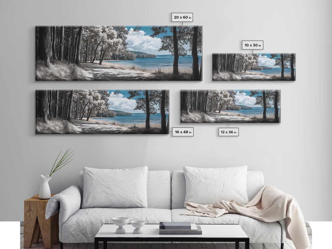 Coastal Forest Path, Lakeside Nature Trail, Tranquil Blue Water, Canvas Print, Minimalist Landscape, Bedroom Wall Art