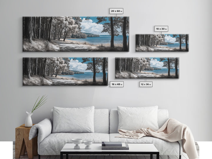 Coastal Forest Path, Lakeside Nature Trail, Tranquil Blue Water, Canvas Print, Minimalist Landscape, Bedroom Wall Art