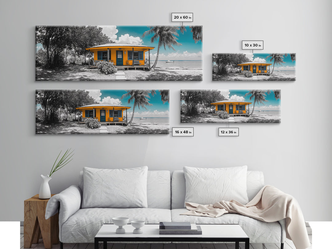 Beach House, Tropical Paradise, Yellow Cabin, Oceanfront View, Framed Canvas Print, Living Room Wall Art, Coastal Home Aesthetic