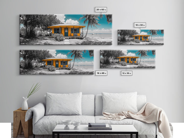 Beach House, Tropical Paradise, Yellow Cabin, Oceanfront View, Framed Canvas Print, Living Room Wall Art, Coastal Home Aesthetic