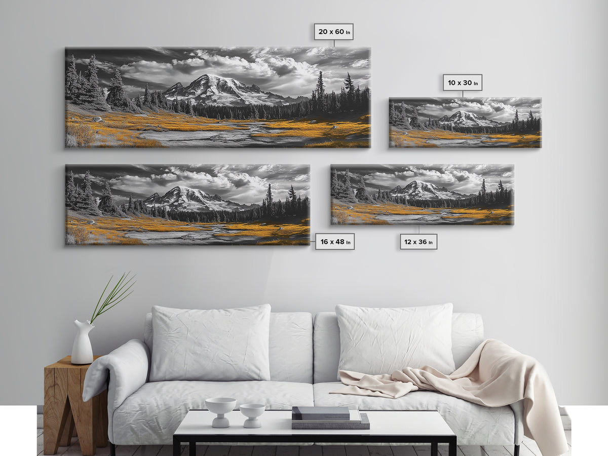 Majestic Mountain Scene, Snow Peaks and Meadows, Alpine Wilderness View, Framed Canvas Print, Cabin Wall Decor, Nature Wall Art