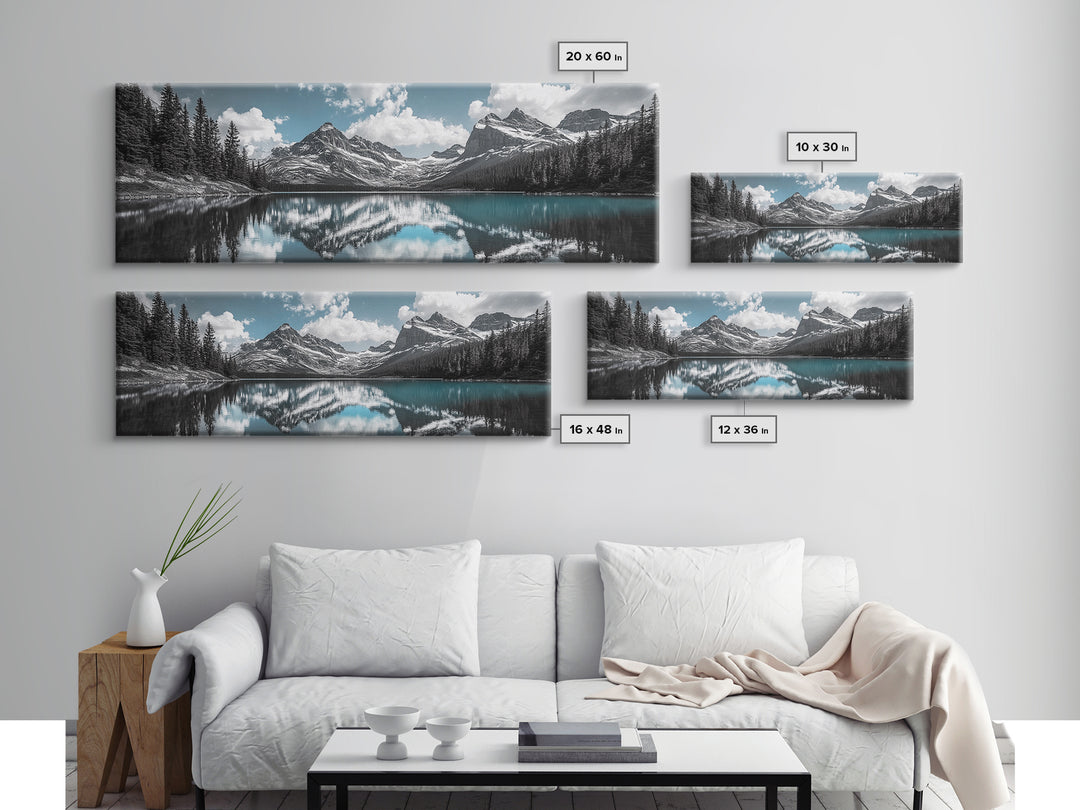 Snowy Mountain Lake, Blue Reflection Peaks, Alpine Serenity Scene, Framed Canvas Print, Nature Photography, Bedroom Wall Art
