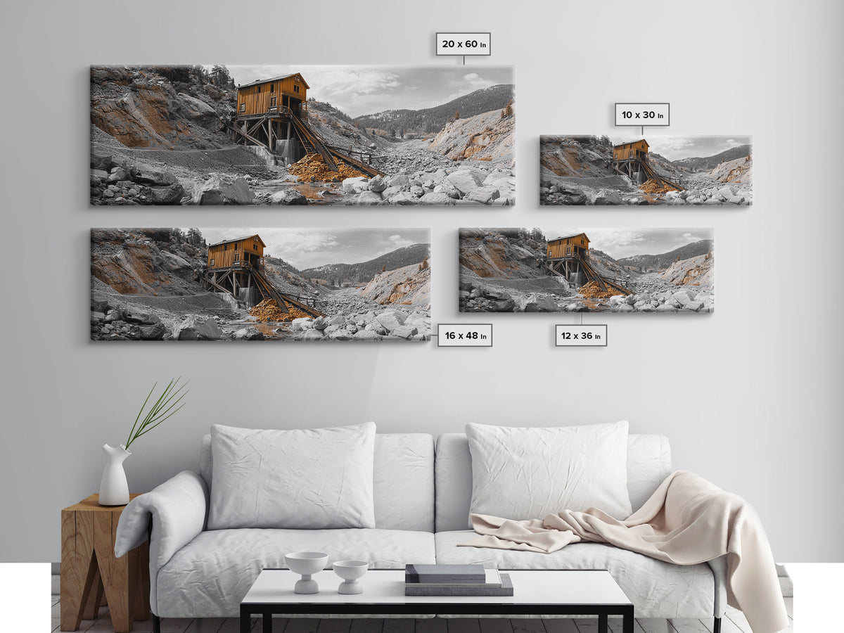 Desert Mine Cabin, Rustic Gold Landscape, Abandoned Building Scene, Framed Canvas Print, Western Art, Office Wall Decor