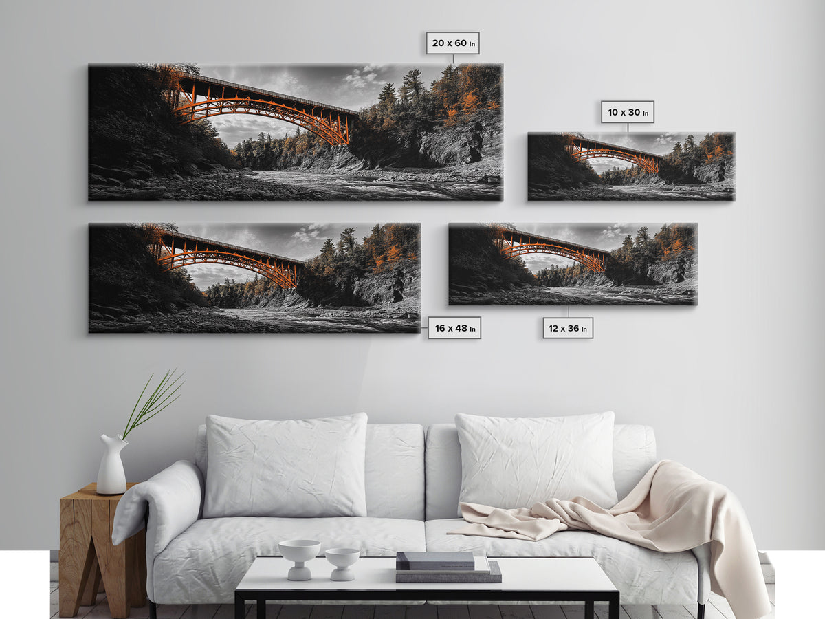 Autumn River Bridge, Orange Iron Arch, Canyon Flow Scene, Framed Canvas Print, Rustic Fall Decor, Entryway Wall Art, Living Room Decor