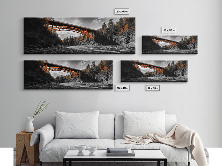 Autumn River Bridge, Orange Iron Arch, Canyon Flow Scene, Framed Canvas Print, Rustic Fall Decor, Entryway Wall Art, Living Room Decor