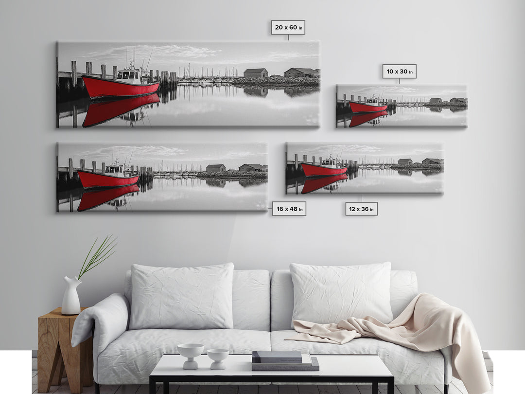 Red Fishing Boat, Harbor Reflection Scene, Calm Dockside Water, Framed Canvas Print, Nautical Art, Living Room Wall Decor