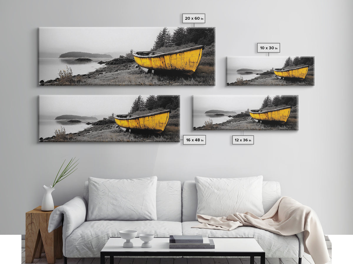 Yellow Rowboat Scene, Misty Coastal Landscape, Abandoned Boat Art, Framed Canvas Print, Rustic Nautical, Office Wall Art