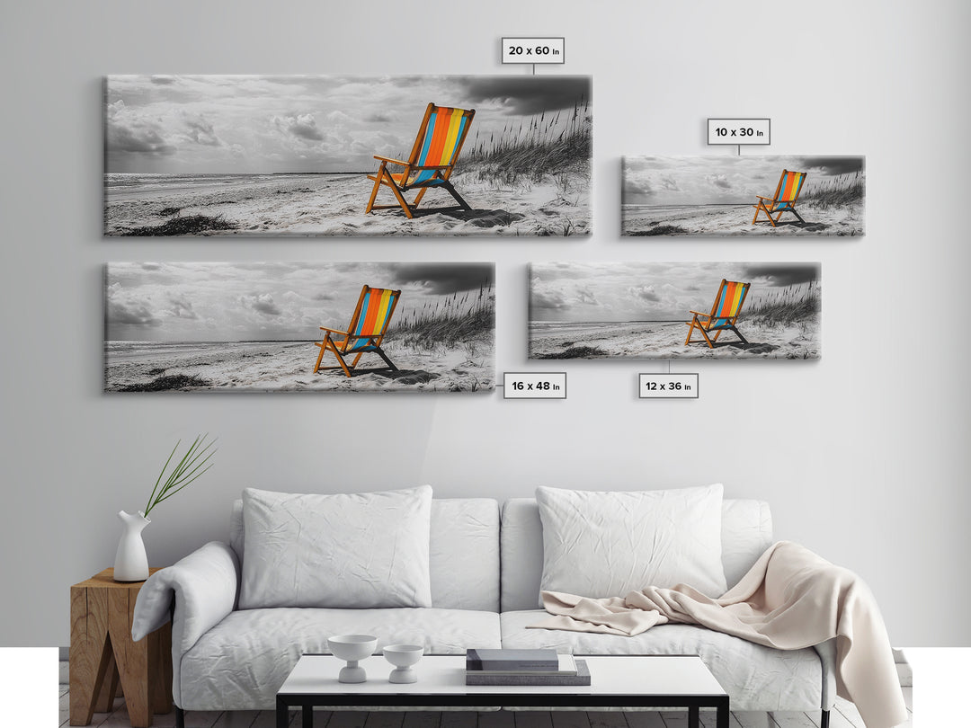 Beach Chair, Coastal Solitude, Striped Fabric, Seaside Calm, Framed Canvas Print, Minimalist Wall Art, Beach House Decor