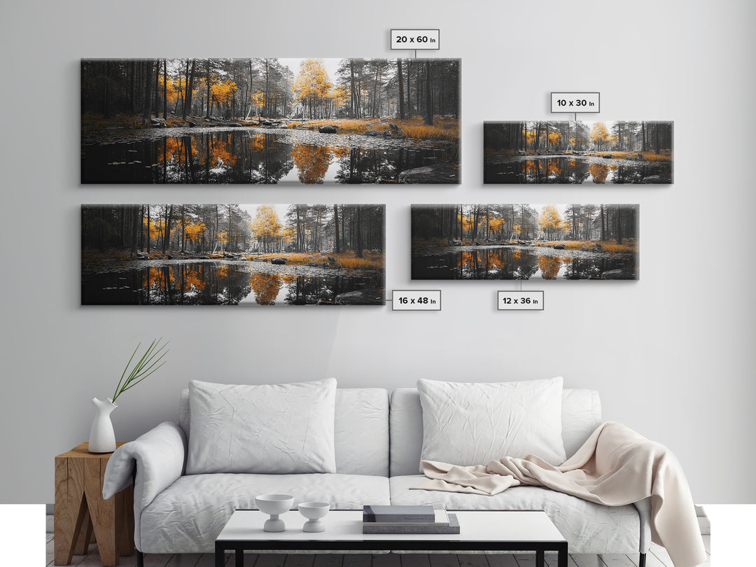 Autumn Forest, Golden Trees, Tranquil Reflection, Nature Pond, Framed Canvas Print, Fall Wall Art, Living Room Decor, Cozy Vibes