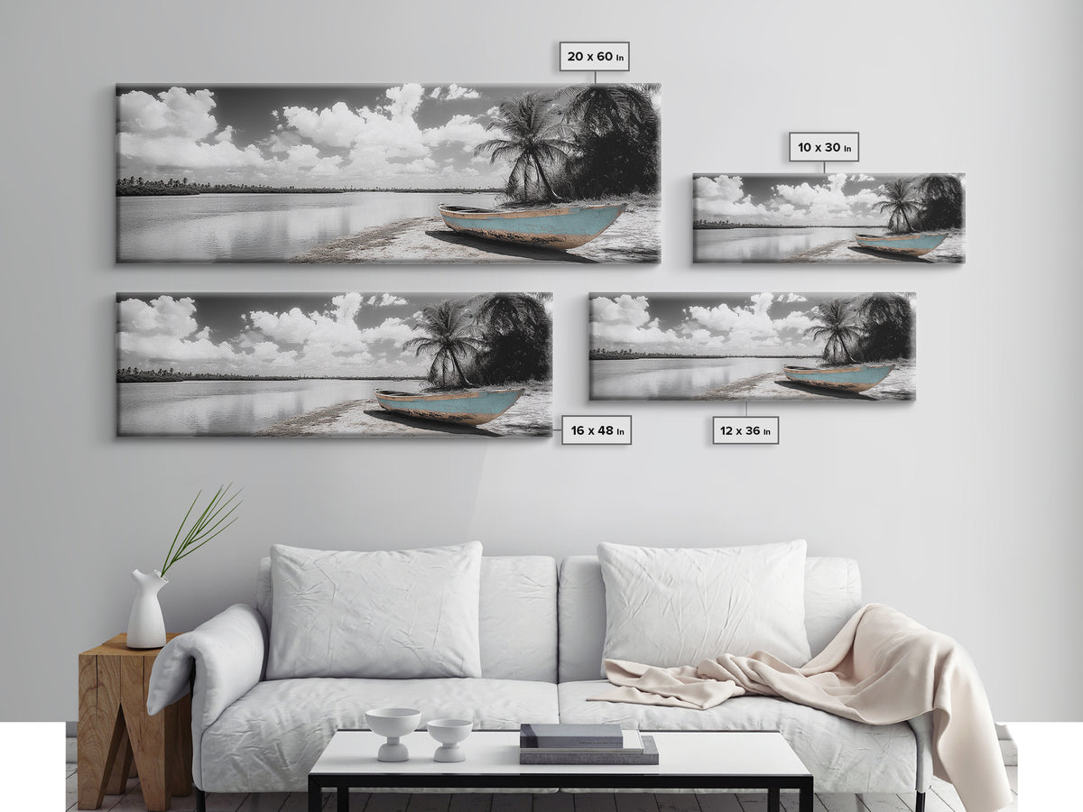 Tropical Boat, Deserted Beach, Palms and Clouds, Ocean Peace, Framed Canvas Print, Boho Wall Art, Bedroom Decor, Seaside Minimalism