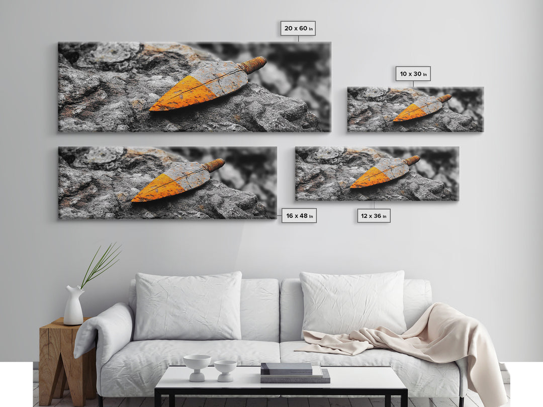 Tribal Blade, Ancient Weapon, Stone Texture, Orange Detail, Framed Canvas Print, Masculine Wall Art, Rustic Decor, Warrior Vibes