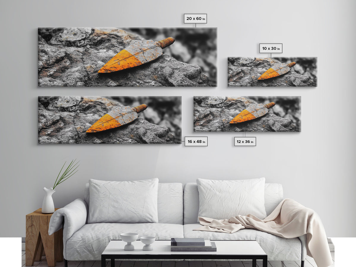 Tribal Blade, Ancient Weapon, Stone Texture, Orange Detail, Framed Canvas Print, Masculine Wall Art, Rustic Decor, Warrior Vibes