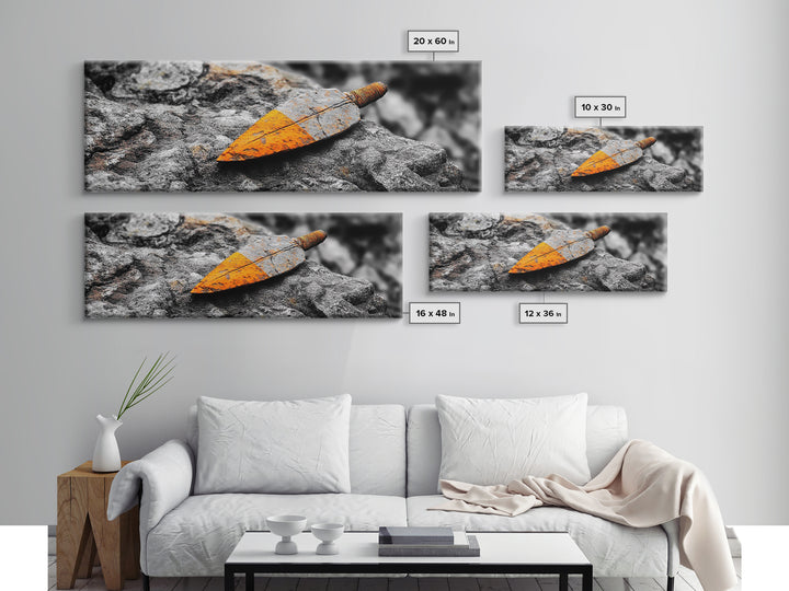 Tribal Blade, Ancient Weapon, Stone Texture, Orange Detail, Framed Canvas Print, Masculine Wall Art, Rustic Decor, Warrior Vibes