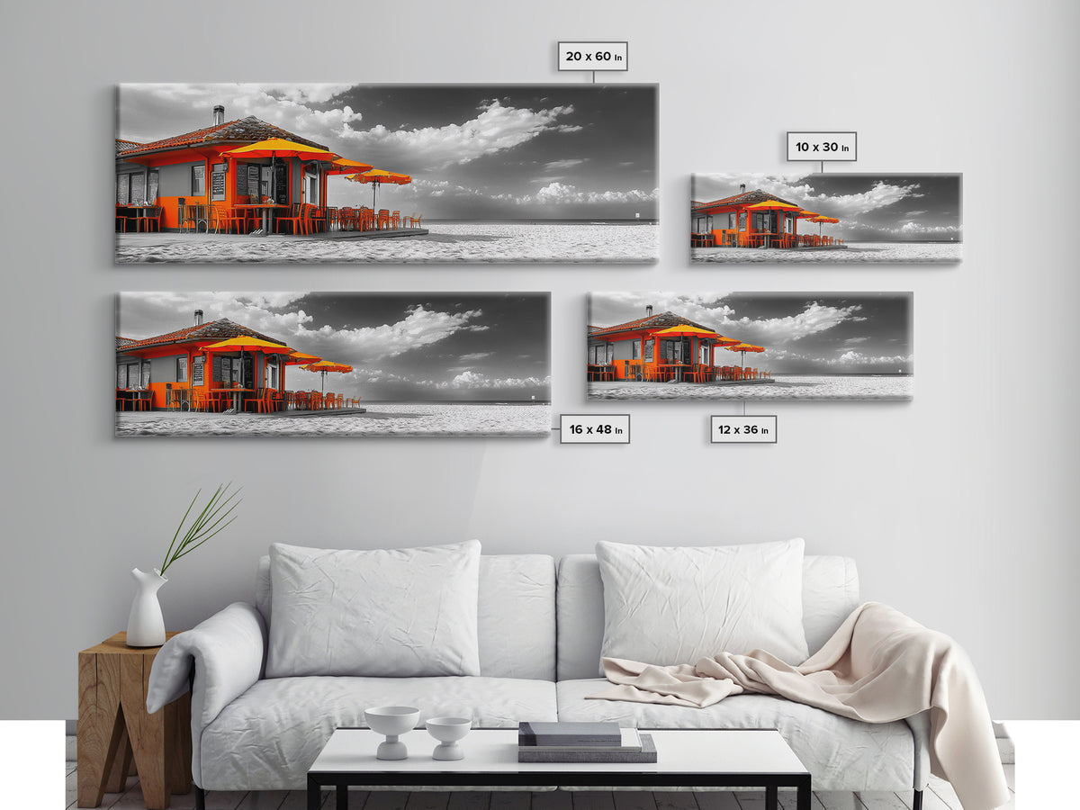 Beach Cafe, Orange Umbrellas, Seaside Dining, Sunny Vibes, Framed Canvas Print, Kitchen Wall Art, Summer Coastal Style