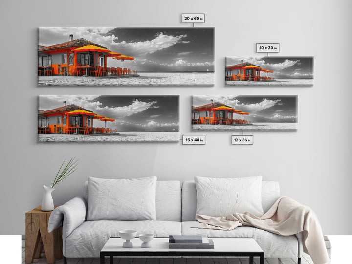 Beach Cafe, Orange Umbrellas, Seaside Dining, Sunny Vibes, Framed Canvas Print, Kitchen Wall Art, Summer Coastal Style