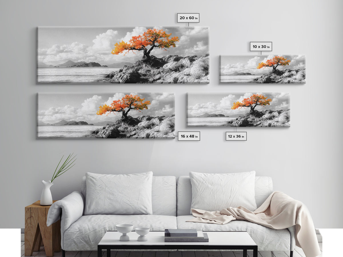 Autumn Tree, Coastal Cliff, Ocean Horizon, Framed Canvas Print, Autumn decor, rustic wall art, minimalist nature, neutral tones