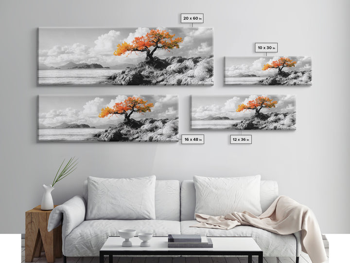 Autumn Tree, Coastal Cliff, Ocean Horizon, Framed Canvas Print, Autumn decor, rustic wall art, minimalist nature, neutral tones