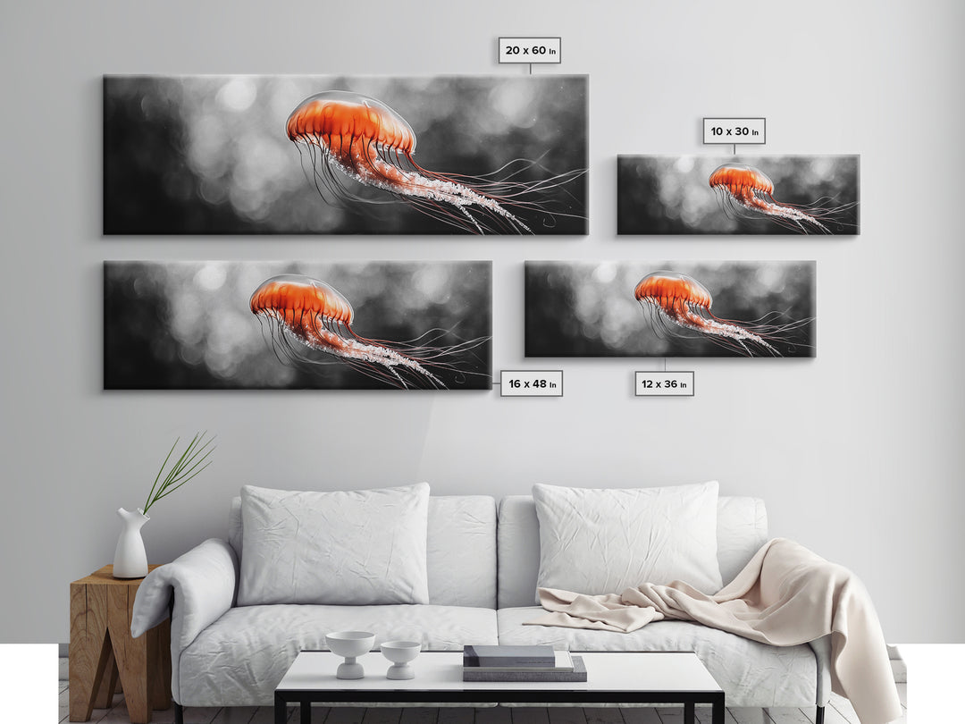 Jellyfish Glow, Ocean Depths, Abstract Sea Life, Framed Canvas Print, marine animal art, coastal bathroom decor, modern underwater wall art