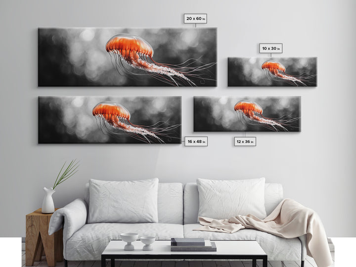 Jellyfish Glow, Ocean Depths, Abstract Sea Life, Framed Canvas Print, marine animal art, coastal bathroom decor, modern underwater wall art