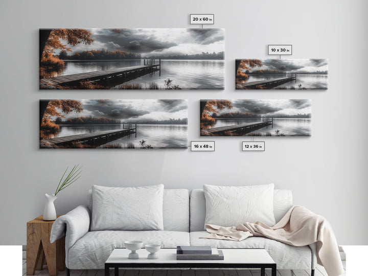 Autumn Lake, Stormy Sky, Wooden Dock, Canvas Print, fall landscape wall art, cozy home decor, cabin style print, orange forest reflections