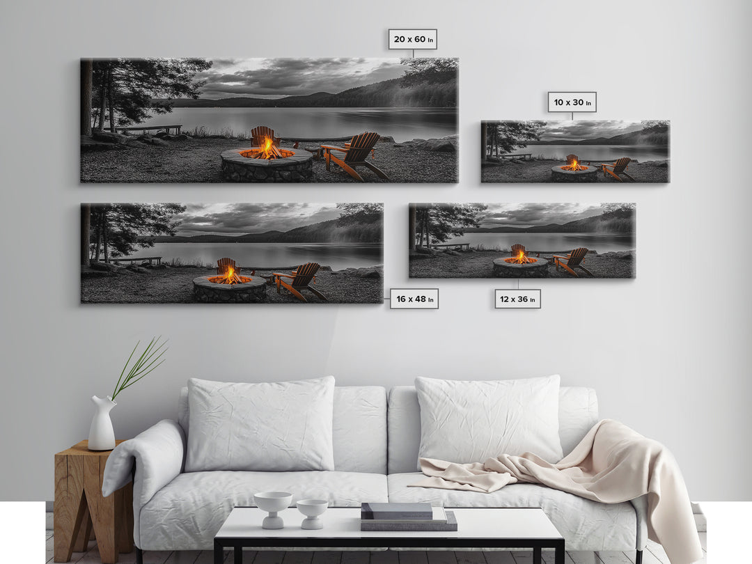 Campfire Chairs Lakeside, Cozy Autumn Vibes, Mountain Cabin View, Framed Canvas Print, Rustic Fall Wall Art, Living Room Fireplace Decor