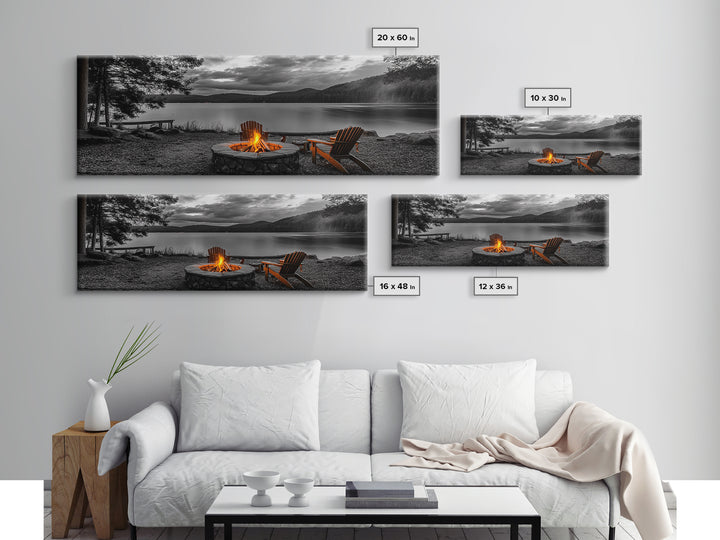 Campfire Chairs Lakeside, Cozy Autumn Vibes, Mountain Cabin View, Framed Canvas Print, Rustic Fall Wall Art, Living Room Fireplace Decor