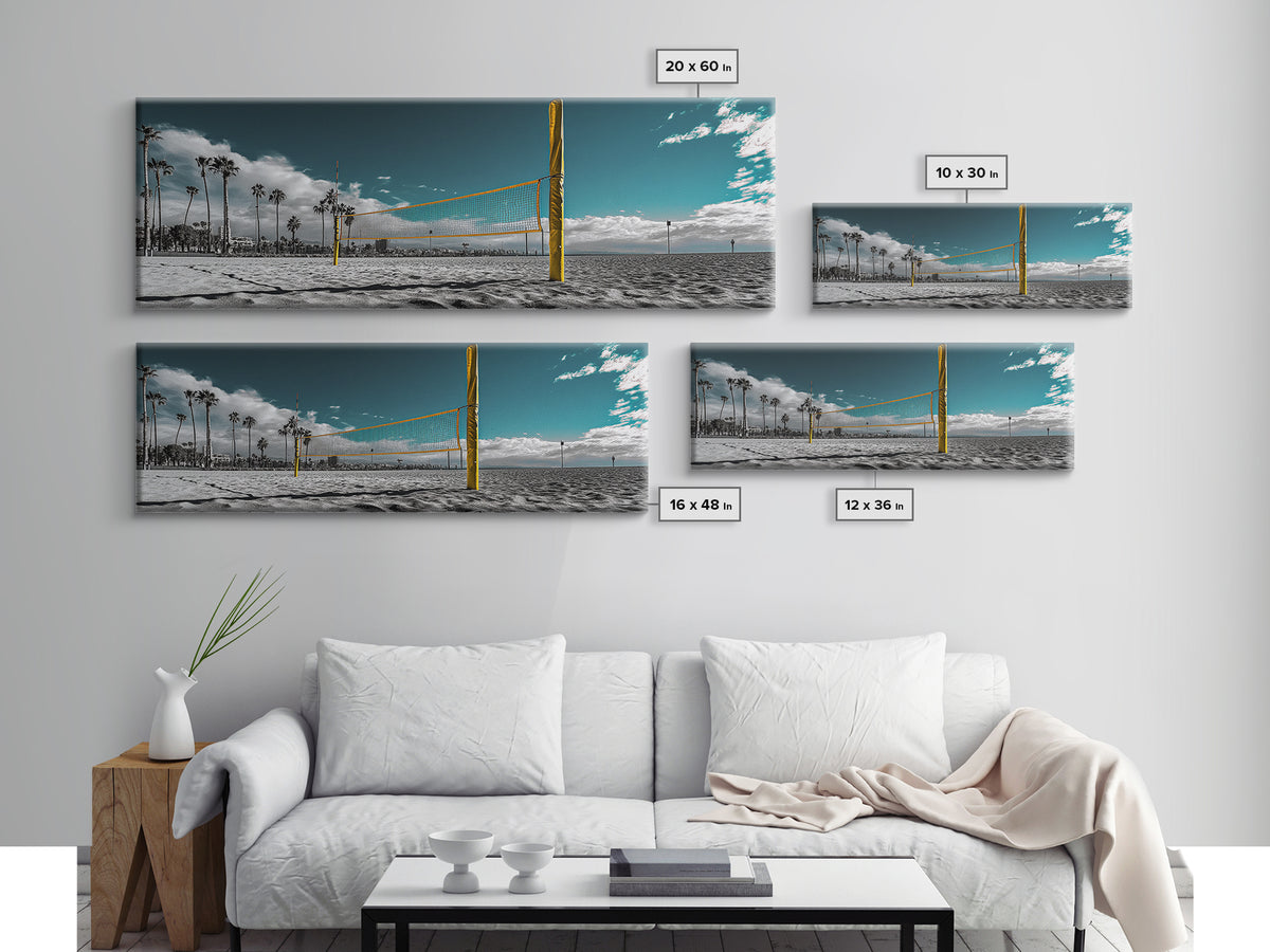 Beach Volleyball, Palm Trees, Summer Sport, Coastal Minimalism, Framed Canvas Print, Rec Room Wall Art, Sporty Vibe Decor