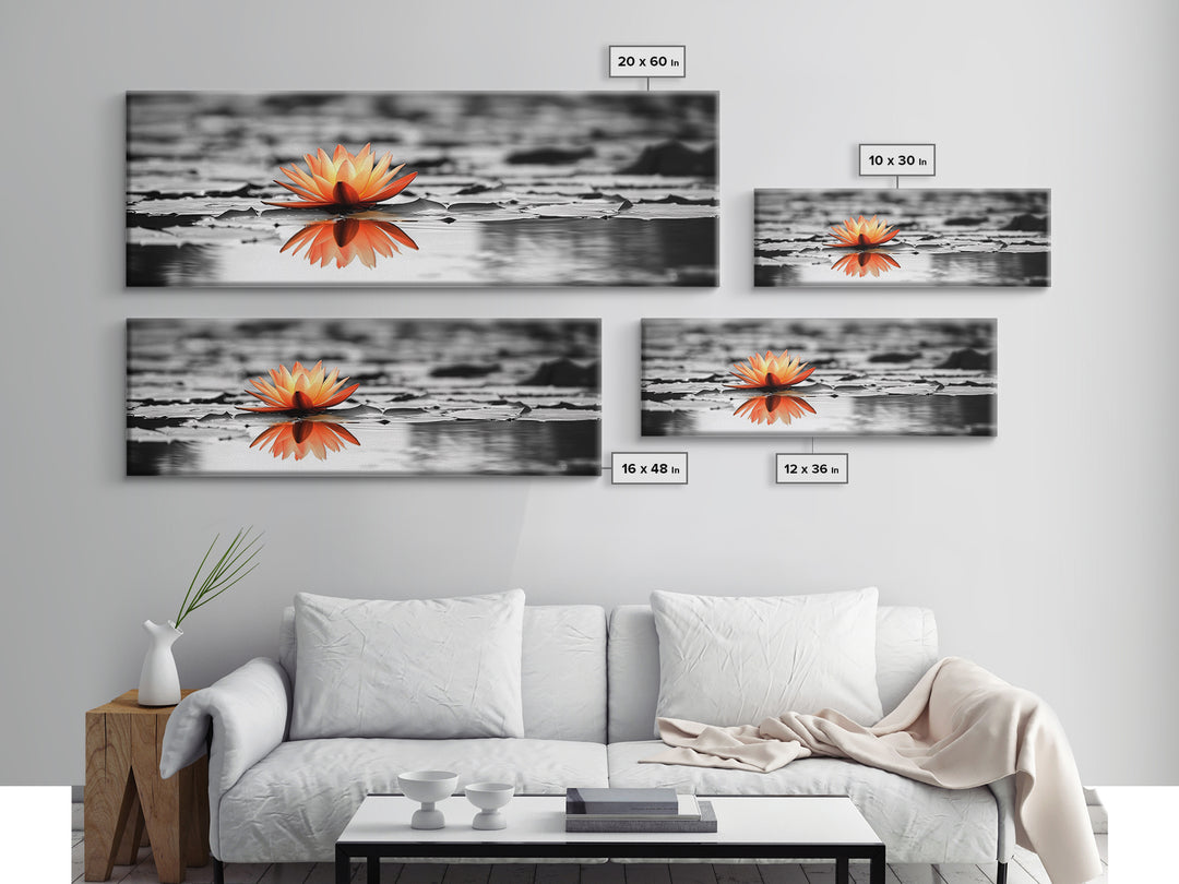 Tranquil Lotus, Zen Water, Orange Glow, Reflective Serenity, Framed Canvas Print, Bedroom Wall Art, Spa Decor, Boho Style, Meditation Vibe