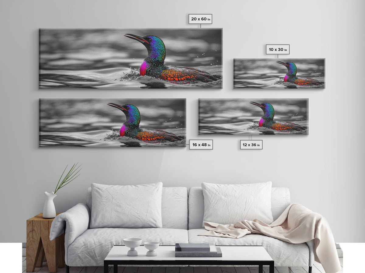 Colorful Loon, Rainbow Feathers, Water Splash, Unique Wildlife, Framed Canvas Print, Bathroom Wall Art, Eclectic Style, Birdwatcher Gift