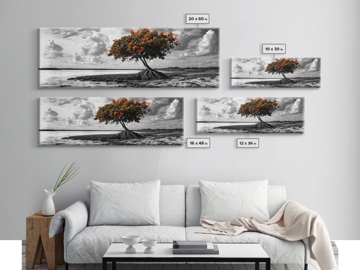 Mangrove Tree, Coastal Roots, Windswept Shore, Stormy Sky, Framed Canvas Print, Entryway Wall Art, Tropical Nature Art, Minimalist Style