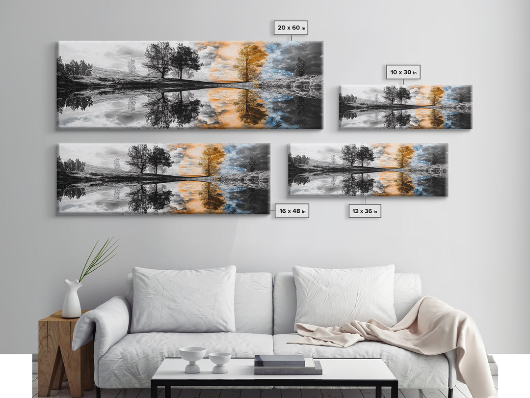 Surreal Reflection, Tree Silhouettes, Split Sky, Framed Canvas Print, trippy landscape art, black and white dreamy wall decor