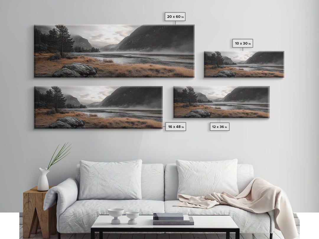 Misty Lake, Mountain Valley, Autumn Morning, Canvas Print, peaceful wilderness scene, rustic cabin decor, cozy nature artwork