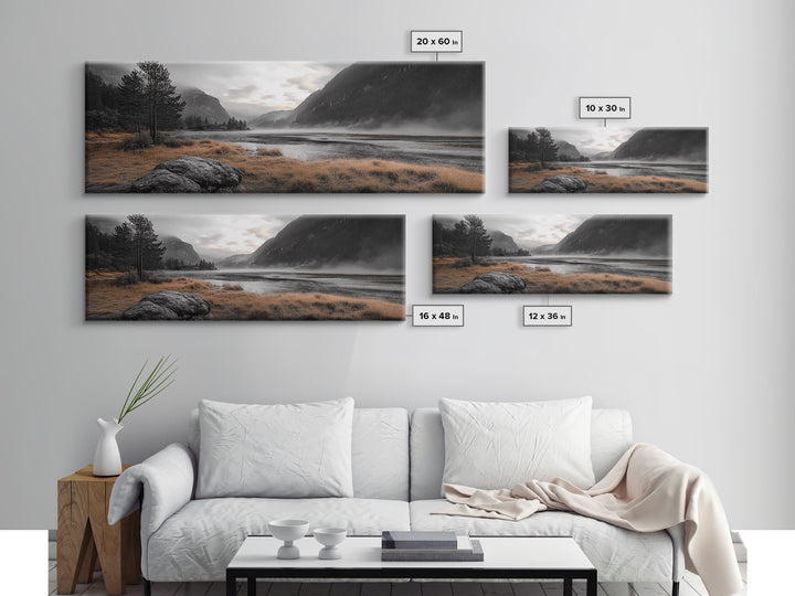 Misty Lake, Mountain Valley, Autumn Morning, Canvas Print, peaceful wilderness scene, rustic cabin decor, cozy nature artwork