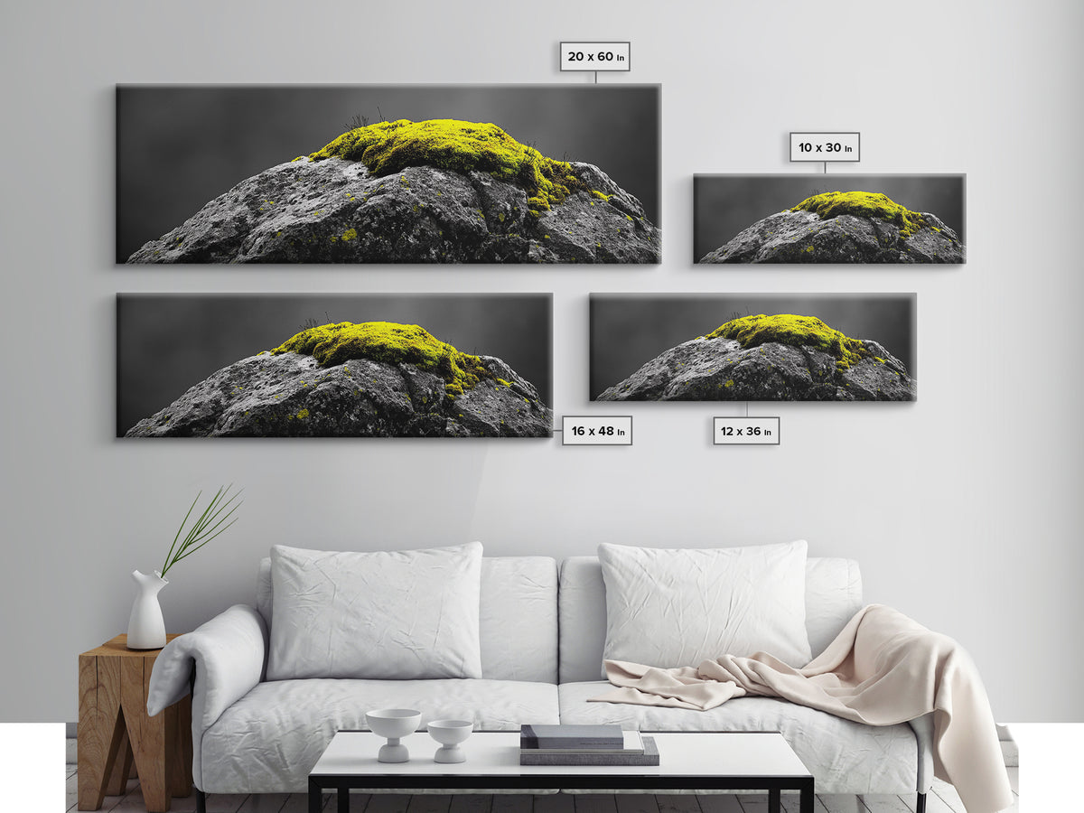 Yellow Moss, Stone Detail, Minimal Nature, Framed Canvas Print, modern zen wall art, earthy bathroom decor, botanical accent
