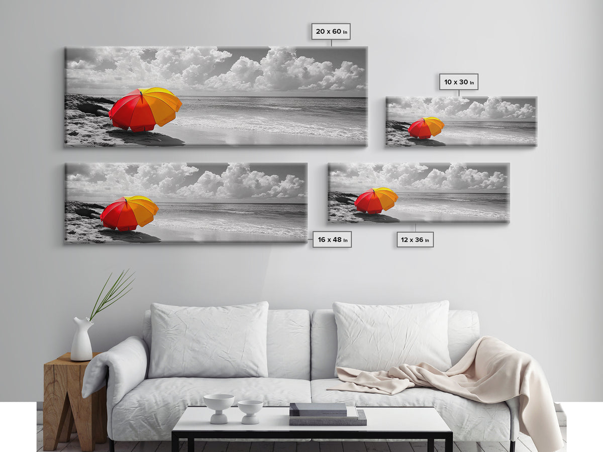Red Yellow Umbrella, Beach Art, Summer Decor, Modern Coastal Print, Framed Canvas Print, Minimalist Wall Art, Bathroom or Hallway Decor