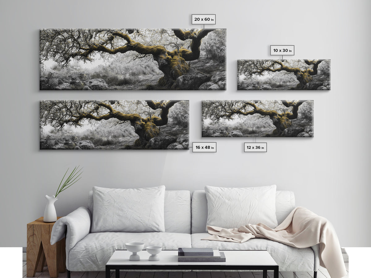 Twisted Oak, Mossy Branches, Forest Giant, Canvas Print, enchanted woodland art, fantasy living room decor, fairytale vibe
