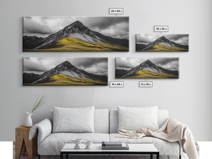 Black Mountain Peak, Moody Sky, Bold Yellow Hillside, Framed Canvas Print, Nature Art, Bedroom Wall Decor, Modern Landscape Print