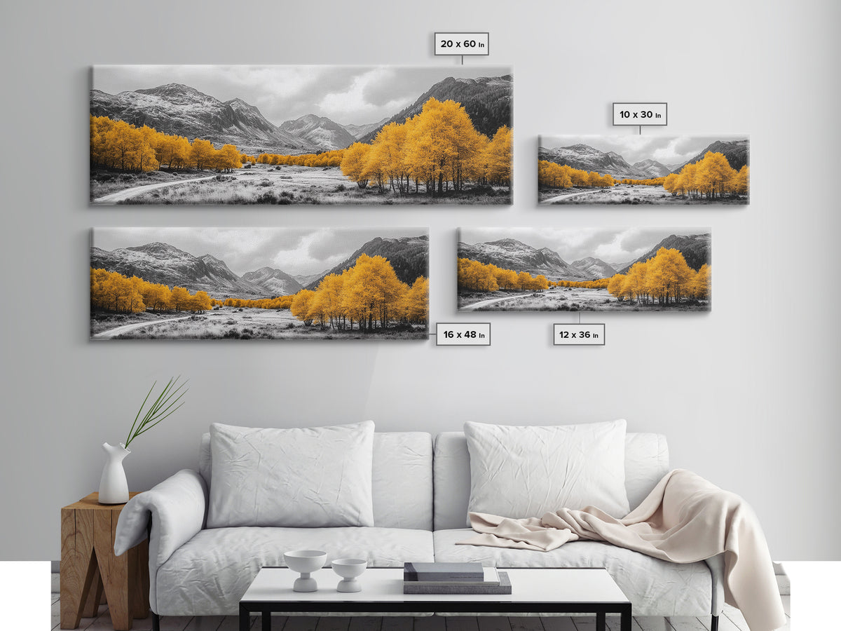 Golden Trees Trail, Snowy Peaks, Serene Landscape, Framed Canvas Print, Autumn Home Decor, Cozy Wall Art, Cabin Aesthetic