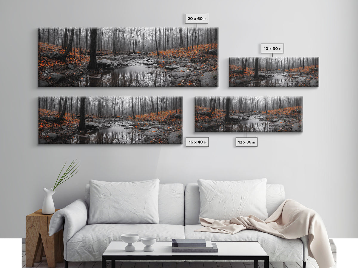 Autumn Forest Stream, Bare Trees, Orange Leaves, Framed Canvas Print, Fall Wall Art, Cozy Nature Scene, Entryway Decor