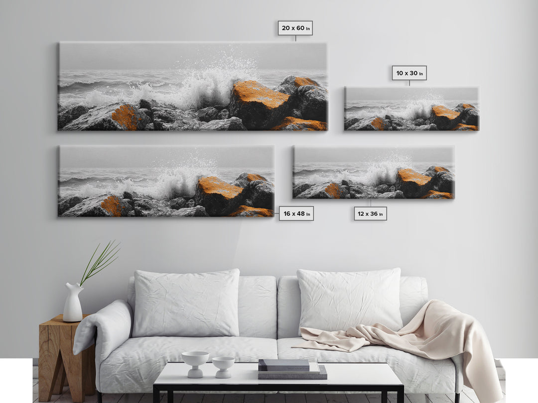 Orange Splash Rocks, Coastal Waves, Sea Spray Art, Canvas Print, Modern Beach Decor, Nature Wall Art, Bold Ocean Landscape